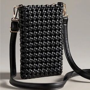 Anthropologie Kalani Woven Knot Bag Black Mini Crossbody Adjust Strap Zip Top